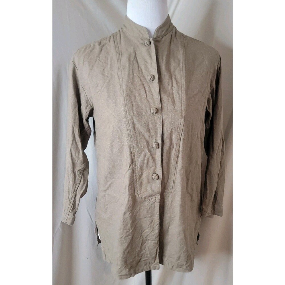 Spencer Jeremy Petite Small 100% Silk Taupe Mandarin Collar Button Tunic Blouse